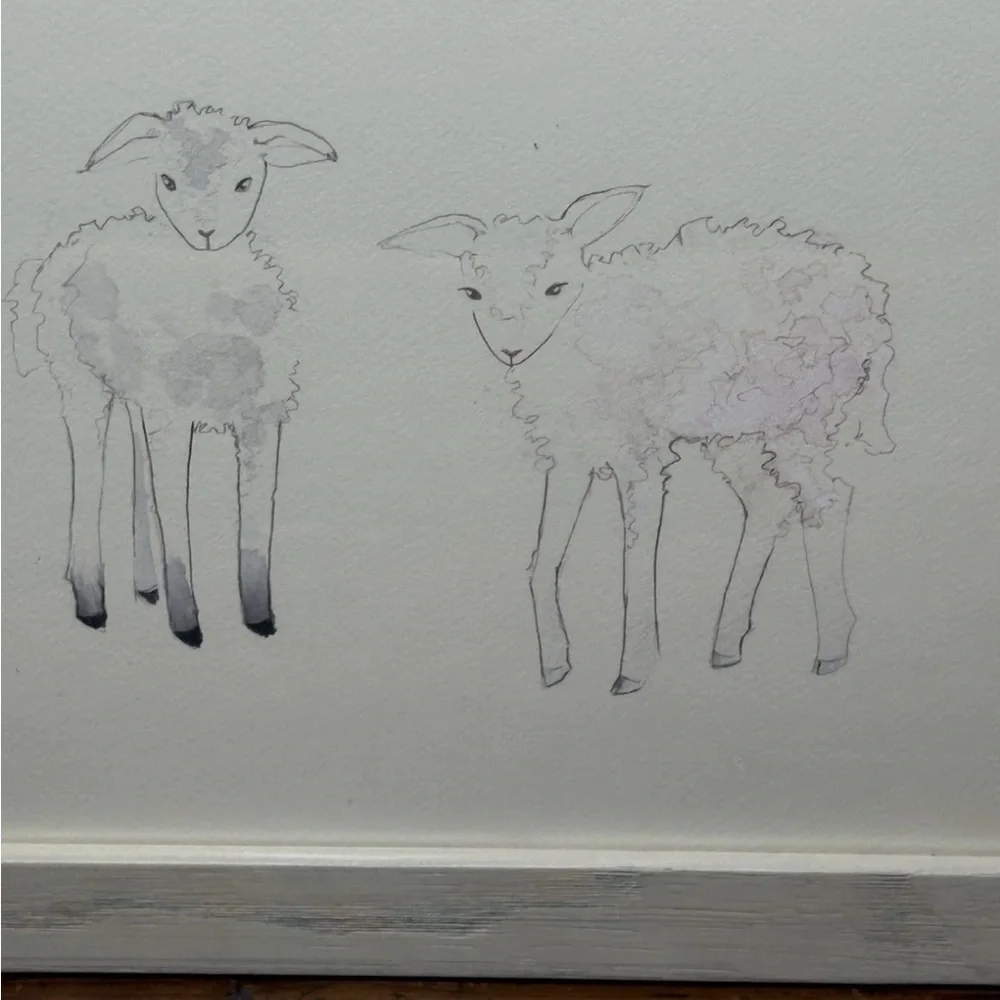 Restoration Hardware Baby Child Watercolor Animal print Baby Sheep Lambs nursery